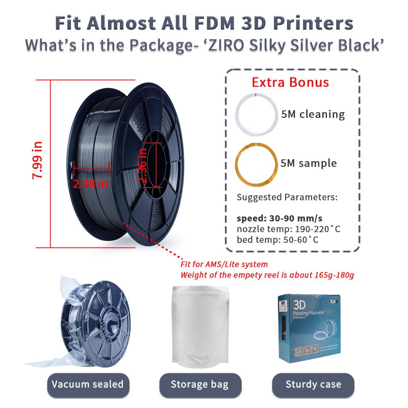 ZIRO 3D Printer Filament, Silky PLA Filament 1.75mm, Shining Silk 3D Printing Material, Dimensional Accuracy +/- 0.03mm, Fit Most Printers, Metal Glossy 1KG/2.2lb Spool, Silver Black - Image 4